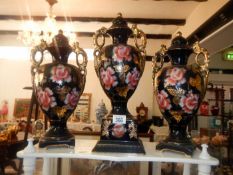 A Victorian 3 piece lidded vase set