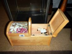 A pine sewing box & contents
