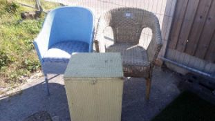 A Lloyd loom style chair, linen basket & a wicker chair