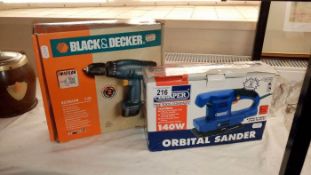 A Black & Decker drill & a boxed Draper orbital sander