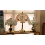 3 brass table lamps with glass shades