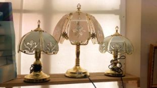 3 brass table lamps with glass shades