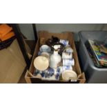 A box of pottery & china including a Wade Whiskey bell
