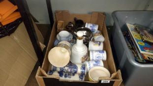 A box of pottery & china including a Wade Whiskey bell