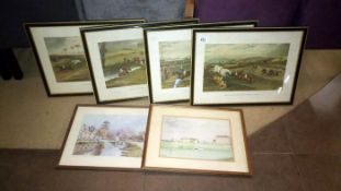 4 hunting/steeple chase prints & 2 others