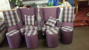 2 good quality arm chairs, 2 high backed chairs & 4 matching stools