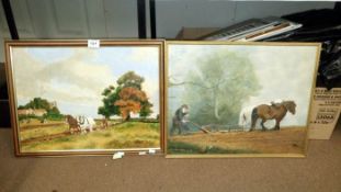 2 oil on boards farm horses ploughing