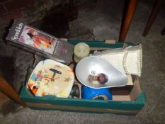 A box of items including Salter scales etc