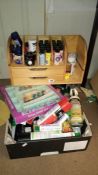 A quantity of paints etc on a wooden shelf unit & 1 other box