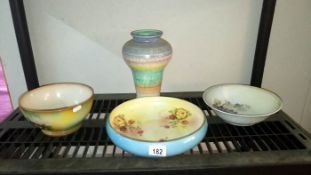 3 china bowls & a pottery vase