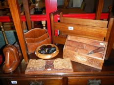 2 wooden letter racks, wooden book end and other wooden items