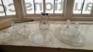 2 glass dressing table sets & glass carafe etc