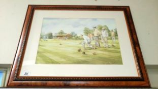 A framed & glazed print by Douglas Ernest Men playing lawn bowls