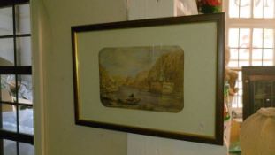 A framed & glazed picture of a European castle lake mountain scene