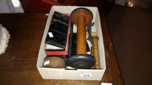 A interesting box of wooden items etc