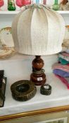 A wooden table lamp & a Onyx lighter & ashtry