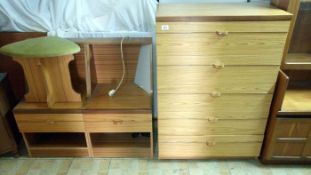 A 5 drawer chest of drawers, 2 bedsides & a stool