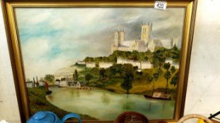 A oil on board of Lincoln Cathedral