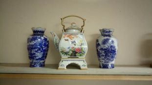 2 blue & white vases & modern japanese tea pot on stand