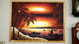 A large framed oil on board Caribbean sunset scene