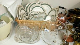 A Crown Ducal dinner set in basket, glass dessert set & cake stand