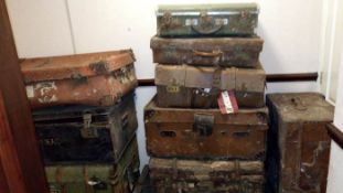 9 old suitcases, 1 tin & 1 wooden A/F