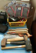 A basket of tools including drill bits & quantity of mallets etc.