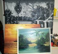 2 canvas prints & oil on board