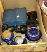 A cased set of spoons, 2 wooden figures & teapot etc.
