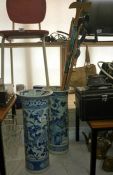 2 good old blue & white stands A/F & walking sticks