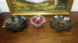 2 carnival glass dishes & an overlaid cranberry art glass dish