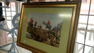 A large gilt framed hunting print & easel