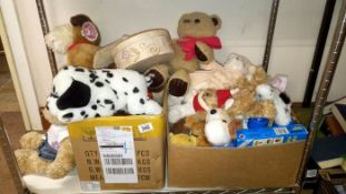 2 boxes of cuddly Teddies/dogs etc.