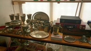 A quantity of silver plate, pewter & wooden boxes