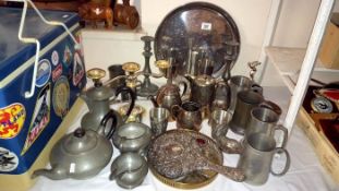 A pewter tea set & collection of silver plate etc.