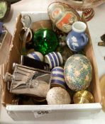 A box of miscellaneous items including whisky flasks etc.