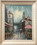 An oil on board of a continental market square signed Honor Pierre