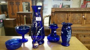 6 pieces of Bristol blue glass