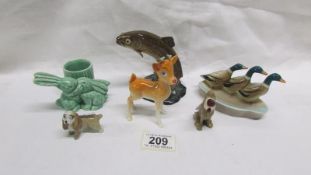 6 animal figurines including Beswick Mallard ducks pin tray, leaping trout a/f,