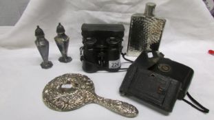 A mixed lot including silver hand mirror, cased binoculars, cased Ernar camera,