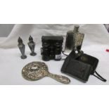 A mixed lot including silver hand mirror, cased binoculars, cased Ernar camera,