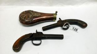 2 mid 19th century percussion pistol & a copper powder flask