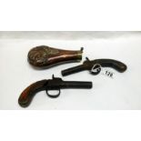 2 mid 19th century percussion pistol & a copper powder flask