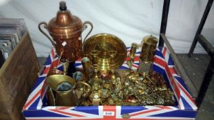 A mixed lot of brass and copper including samovar, miner's lamp,