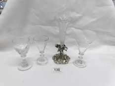 A cut glass posy vase on metal base and 3 late 18th / early 19th century glasses