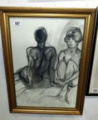 A signed charcoal study of seated nudes by Lewis Davies (1939-2010)