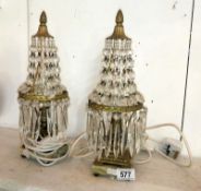 A pair of French ormolu basket type chandelier table lamps with glass droppers