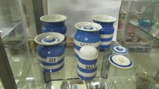 5 pieces of T G Green blue and white Cornish kitchenware including soda and salt