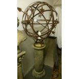 A large steel armillary globe on reeded churchstone column