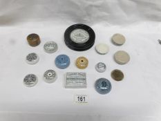 A collection of pot lids including 19th century tooth paste, tooth soap etc,